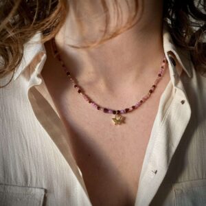 Naszyjnik z rubinem, różowym turmalinem, rodochrozytem i granatem